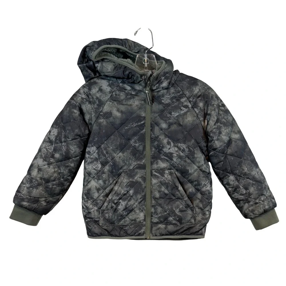 NWOT Boys S 6/7 Dinosaur Fossil Quilted‎ Puffer Jacket Sherpa Lined Green Warm